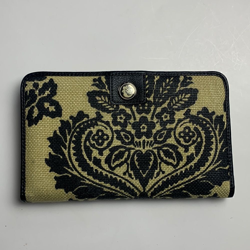 Spartina Daufuskie Island Black Leather & Tan Linen Clutch Wallet